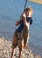 The boy with a spinning catch grayling