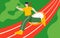Boy sprints to the finish on the track with paper and books in the background, vector