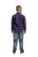 The boy is standing. A cute fat schoolboy in jeans, a shirt and a white T-shirt. Full height. White background. Vertical. Back