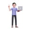 boy standing holding laptop and raising finger up gets an idea 3d render