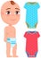 Boy standing near tiny bodysuits or infant onesies with short sleeves. Baby clothing or sleep cloth