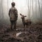 A boy standing over muddy lamb