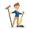 Boy standing with vacuuum cleaner and mop. Happy child