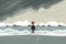 boy stands on a beach as a hurricane approaches, watching as the waves begin to swell and crash against the shore