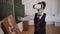 Boy student in biology class studies the structure of man in virtual reality
