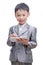 Boy in suit using tablet computer