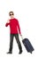 Boy in sunglasses walking and waving hello holding travel bag