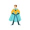 Boy superhero in classic comics costume standing proud