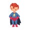 A boy in a superhero costume holds his hands on his hips and lowered his head and shakes it cartoon vector illustration