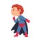 Boy in a superhero costume sneaks sideways cartoon vector illustration