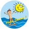 Boy and surf on the sea, funny vector illustration