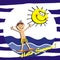 Boy and surf on the sea, funny vector illustration on blue striped backgroud