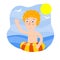 Boy with swimming ring. Element of vacation, sea and beach. Red hair Child learns to swim. Funny Boy play in water