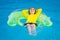 Boy swims in pool with float. Swimming, summer vacation. Child swim in pool on inflatable ring. Kid with inflatable ring