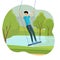 Boy swinging flat illustration. Boy having fun outdoor in the city park near the lake vector concept.