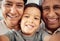 Boy take selfie with happy grandparents, together in closeup or zoom portrait in house. Latino male child smile with