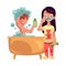 Boy taking bath, washing hair, girl in pajamas brushing teeth