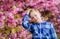 Boy teen posing near sakura. Child on pink flowers of sakura tree background. Botany concept. Guy enjoying cherry