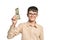 Boy teenager earned his first money and shows one dollar bill