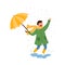 Boy Teenager Jumping in Puddle in Rainy Day Vector Illustration