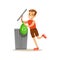 Boy Throwing Away Recycling Waste In Bin Bag Smiling Cartoon Kid Character Helping With Housekeeping And Doing House