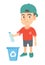 Boy throwing plastic bottle in recycle bin.