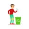 Boy Throwing Plastic Waste In Recycling Garbage Bin Smiling Cartoon Kid Character Helping With Housekeeping And Doing