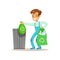 Boy Throwng Away Bin Bags Filled With Plastic Bottles Smiling Cartoon Kid Character Helping With Housekeeping And Doing