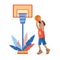 A boy throws a basketball ball into a basketball basket. A small child playing with a ball. Colorful cartoon illustration in flat