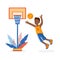 A boy throws a basketball ball into a basketball basket. A small child playing with a ball. Colorful cartoon illustration in flat