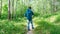 A boy with a tourist backpack and a trekking stick is engaged in orienteering in a deciduous forest. A child walks on a tourist