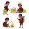 Boy Tourist Schoolboy Vector. Picnic, Summer Rest. Hike. Funny Children. Junior. Black. Afro American. For Advertising