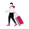 Boy tourist with suitcase flat contour vector illustration