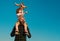 Boy with toy airplane sitting on fathers shoulders. Father and son have fun and playing with toy airplane. Family