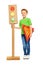 Boy with traffic light model and warning triangle