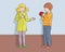 Boy treats girl apple in school corridor. Hand-drawn digital illustration