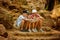 Boy and two girl with backpacks sitting on steps near rocks and reading map together during trip