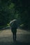 boy with an umbrella in a forest when there is bad weather