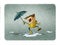 Boy with umbrella and raincoat jumps over a puddle of water. illustration about a rainy day