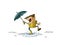 Boy with umbrella and raincoat jumps over a puddle of water. isolated
