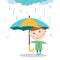 Boy with umbrella standing under the rain.