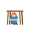 Boy is under table. Baby scared. Vector illustration