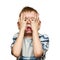 The boy is upset, shocked, negative emotions. Isolated on a white background