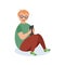 Boy uses phone for online communication flat vector illustration isolated.