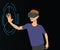 Boy with VR headset working with virtual interface. Virtual reality concept, VR for education and games. Vector