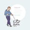 Boy walk dog puppy on leash. Promenade with pet vector line art illustration and round area for text.