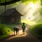 Boy walking in Calm peaceful forest. Beautiful green trees. Digital art. path and Sunlight filters