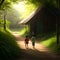 Boy walking in Calm peaceful forest. Beautiful green trees. Digital art. path and Sunlight filters