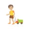 Boy Walking Dragging Toy Truck On A String