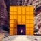 Boy Walking Out Of A Narrow Canyon Plateau With A Tall Wooden Gate